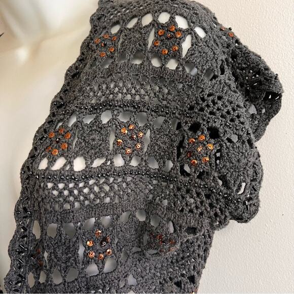 Boston Proper | XS Smoky Gray Lacy Crochet Look Open Weave Cardigan, Fabric Bow - Picture 3 of 16